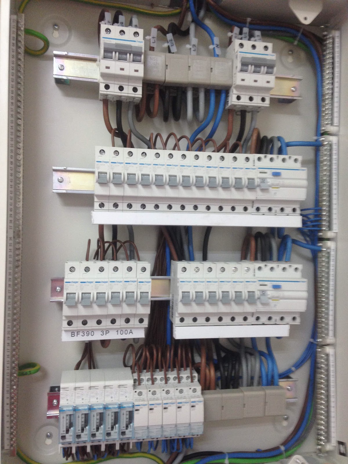 A distribution board wired by Vision 2 Engineering, with labelled breakers, RCDs and combed copper conductors
